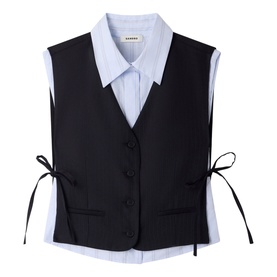 Black tailored waistcoat with button front, side tie detail and lace trim, styled over a light blue striped shirt