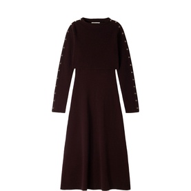 Sandro Womens French Dress in red, long-sleeve knit midi style with lace detail sleeves and A-line skirt, no model