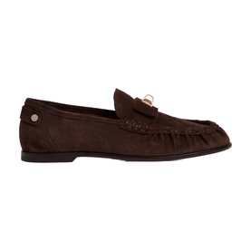 Sandro brown suede loafer with rose gold chain detail, moccasin toe stitching and flat sole, side view