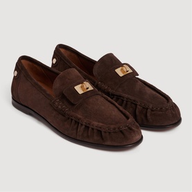 Sandro brown suede loafers with gold-tone hardware detail, moccasin stitching, and flat sole