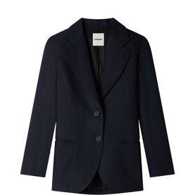Sandro navy blue tailored blazer with notched lapels, two-button fastening, and front welt pockets