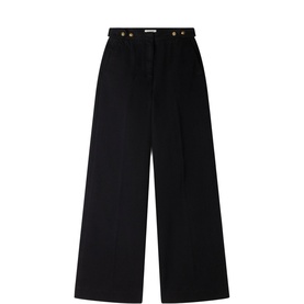 Sandro Womens French Dress trousers in black, wide-leg silhouette with elasticated waist and gold button details.