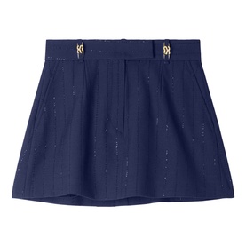 Sandro dark navy mini skirt with gold-tone logo belt clips and subtle embellished dot detail throughout fabric