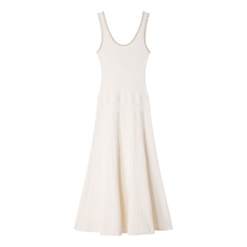 Sandro Womens French Dress in clear white, sleeveless knit midi with scoop neck and flared skirt