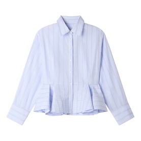 Sandro sky blue striped cotton shirt with point collar, button front, peplum hem, and wide cuffs