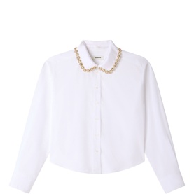 Sandro white cropped shirt with gold chain-embellished Peter Pan collar, long sleeves, button-front fastening