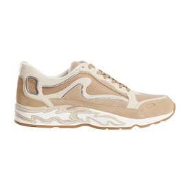 Sandro women's sneaker in beige and cream suede and mesh, chunky white and tan wavy sole, lace-up fastening