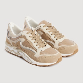 Sandro women's trainers in beige and cream tones, suede and mesh panels, wave-sculpted midsole, lace-up fastening