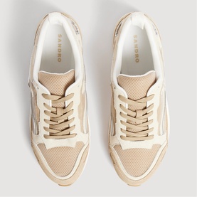 Sandro women's sneakers in clear/beige and white, featuring mesh panels, lace-up front, and contrast stitching, overhead flat lay view