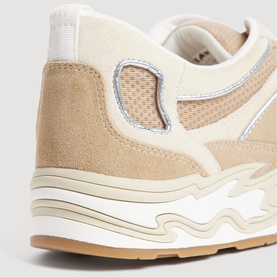 Sandro women's trainer in clear beige suede and mesh, featuring silver trim detail and chunky ridged white and gum sole.