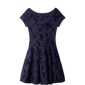 Sandro Womens French Dress in midnight blue, floral jacquard fabric, scoop neck, cap sleeves, and fit-and-flare silhouette