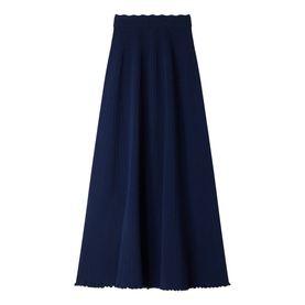 Sandro Womens French Dress in navy blue, ribbed knit midi skirt with scalloped waistband and flared silhouette