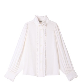 Sandro white blouse with ruffle trim collar, pintuck pleated sleeves, and button-front detail