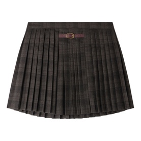 Sandro dark grey plaid pleated mini skirt with brown buckle belt detail, knife pleats throughout
