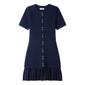 Sandro Ruffle Mini Knitted Dress in midnight blue, round neckline, short sleeves, decorative button front, ruffled hem