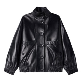 Sandro black faux leather bomber jacket with stand collar, button front, large patch pockets, and elasticated hem cuffs
