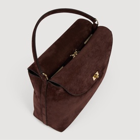 Sandro brown suede structured top-handle bag with gold-tone twist-lock clasp and flap closure, overhead view
