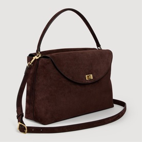 Sandro brown suede structured top-handle bag with gold-tone twist lock, flap closure, and detachable crossbody strap.