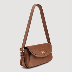 Sandro Le Mambo Suede Shoulder Bag in brown with double flap, light gold-tone swivel clasp, branded buckle, and adjustable shoulder strap.