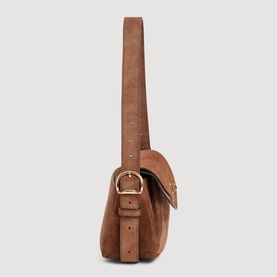 Sandro Le Mambo Suede Shoulder Bag in brown, shown from the side, with gold-tone buckle, branded strap, and double flap detail