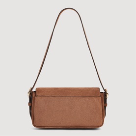 Sandro Le Mambo Suede Shoulder Bag in brown, double flap design, light gold-tone hardware, adjustable shoulder strap, back view
