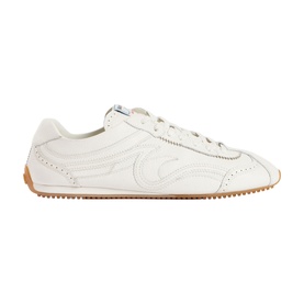 Sandro clear white leather lace-up trainer with tonal wave embossing, brogue heel detail, and tan gum sole