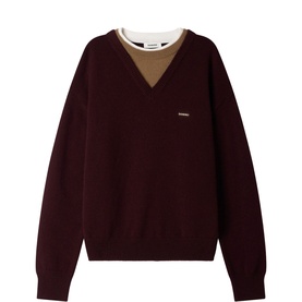 Sandro red V-neck knit jumper with contrast camel and cream layered collar detail and small logo patch