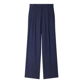Navy blue wide-leg tailored trousers with front pleats, button waistband, and clean-pressed finish