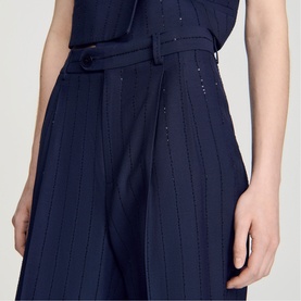 Model wearing navy blue wide-leg pinstripe trousers with embellished detailing and matching belted waistband, cropped detail view
