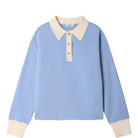 Sandro sky blue long-sleeve polo top with cream contrast collar, cuffs, and button placket