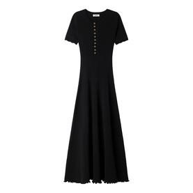 Sandro Womens French Dress in black, short-sleeve knit midi with button-front detail and scalloped hem edges.