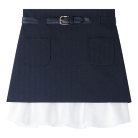 Sandro Womens French Dress in black, A-line mini skirt with patch pockets, gold-buckle belt, and white frill hem detail