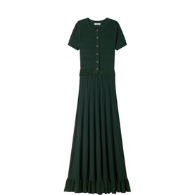 Sandro Womens French Dress in green, short-sleeve ribbed knit bodice with buttons, pleated maxi skirt with ruffle hem