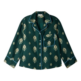 Sandro green pyjama-style shirt with gold paisley print, blue contrast piping, notch collar, and chest pocket