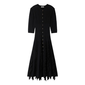 Sandro Womens French Dress in black, button-front midi length with elbow sleeves and asymmetric handkerchief hem