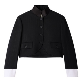 Sandro Womens French Dress in black, cropped jacket with mandarin collar, button front, flap pockets and white contrast cuffs