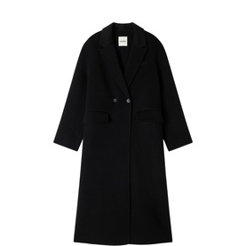 Sandro black longline double-breasted wool coat with notch lapels and drop shoulders