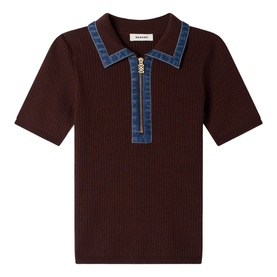 Sandro dark brown ribbed knit polo top with contrast blue denim collar and half-zip detail, short sleeves