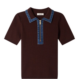Denim Collar Knitted Polo Top