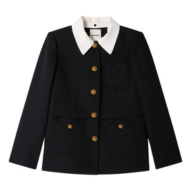 Sandro black jacket with cream contrast collar, gold button fastening, and front patch pockets
