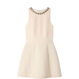 Sandro French Dress in clear, sleeveless fit-and-flare style with embellished jewel neckline and structured skirt