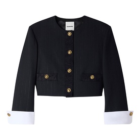 Sandro black tweed cropped jacket with gold buttons, bow-detail pockets, and contrast white cuffs