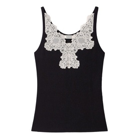 Sandro Lace Trim Ribbed Tank Top in black with cream floral lace V-neckline detail, fine straps, and ribbed knit fabric.