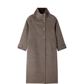 Sandro black brown longline coat with high funnel neck, single-breasted button front, patch pockets and tab-cuff sleeves