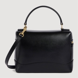 Sandro black leather top-handle bag with gold-tone hardware and detachable crossbody strap, structured silhouette with flap closure