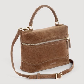 Sandro brown suede top-handle bag with front zip pocket, gold-tone hardware, and detachable crossbody strap