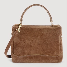 Sandro brown suede top-handle bag with gold-tone hardware, flap closure, and detachable crossbody strap