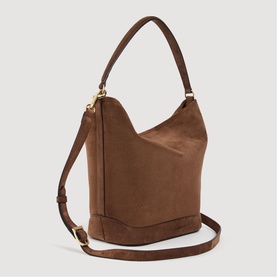 Sandro brown suede hobo bag with gold-tone hardware, single shoulder strap and detachable crossbody strap