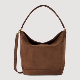 Sandro brown suede hobo bag with gold-tone hardware, single top handle and detachable crossbody strap