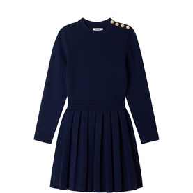 Sandro Womens French Dress in navy blue, long-sleeve knit with pleated skirt and gold button shoulder detail